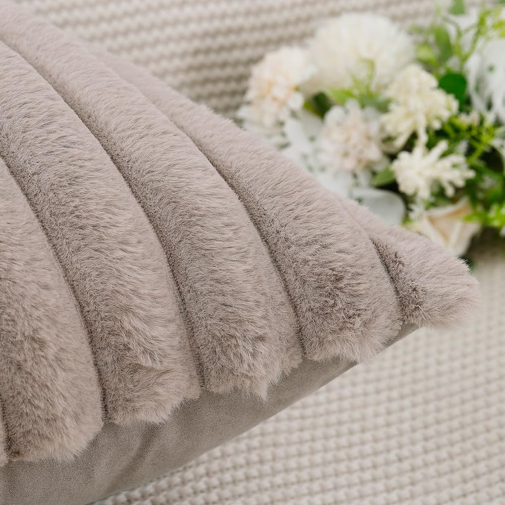 MADIZZ Set of 2 Faux Wool Plush Decorative Throw Pillow Covers 20x20 Inch Taupe Fluffy Striped Soft Decorative Cushion Cover for Sofa Bedroom Pillow Shell