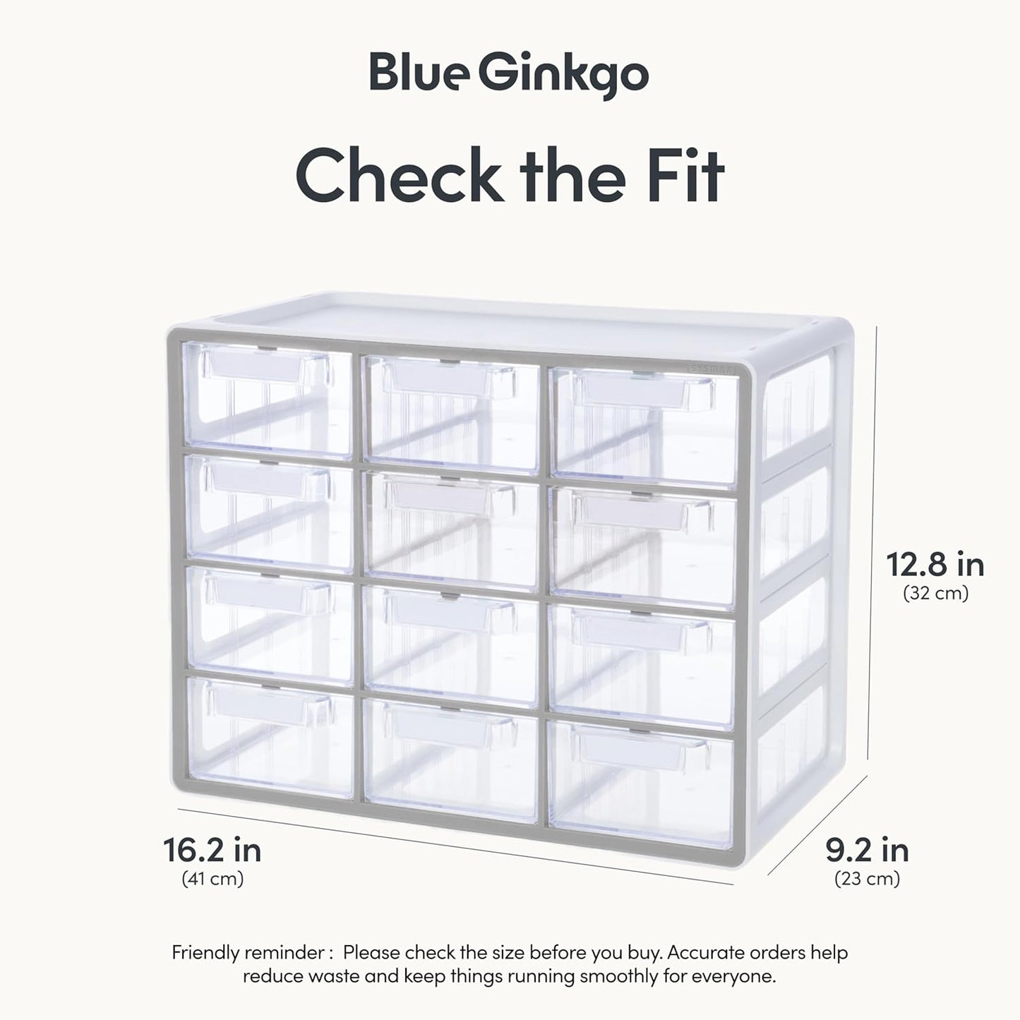 Blue Ginkgo Large 12-Drawer Cabinet – Stackable Clear Organizer for Hardware, Beads, Plastic Bricks, Office, and Craft Storage (Made in Korea, Gray)