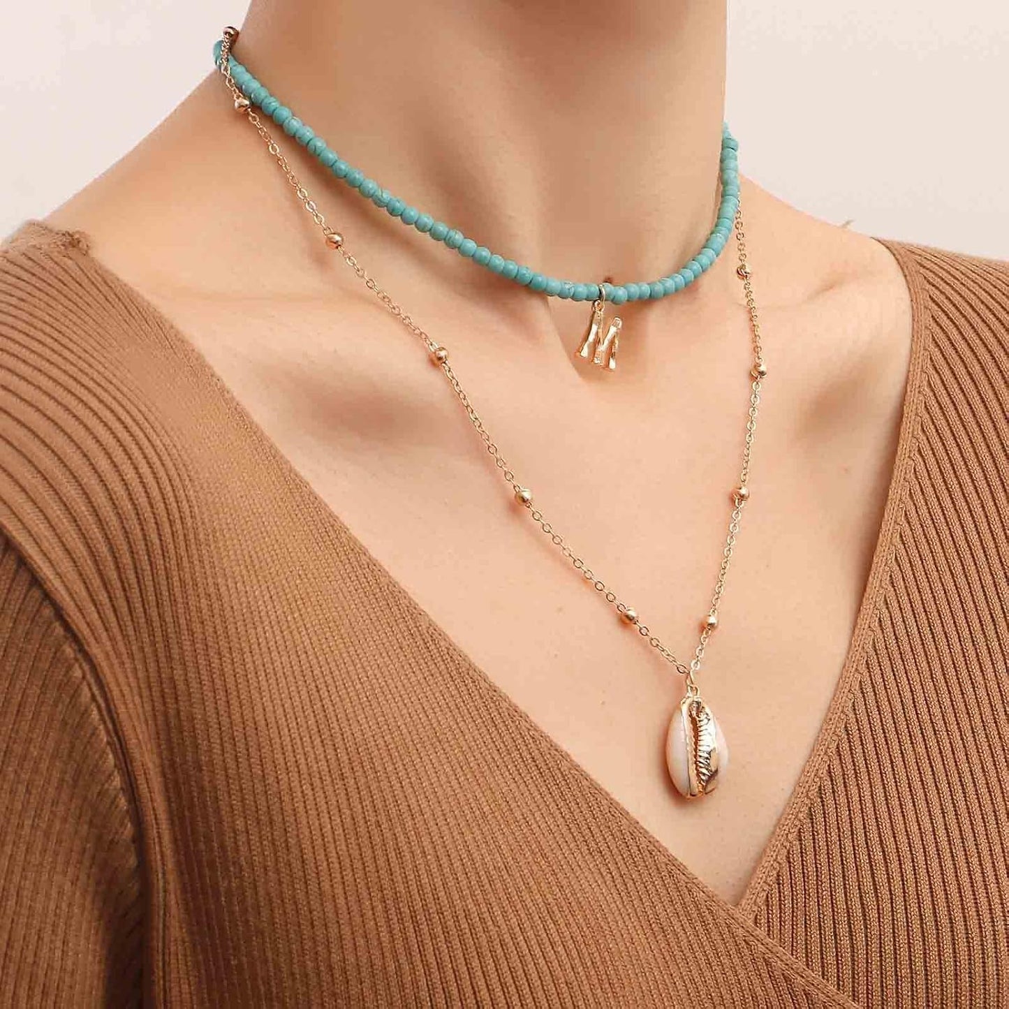 Bohemia Turquoise Beaded Choker Necklace Layered Shell Pendant Necklace Gold Letter Clavicle Necklace Double Layer Satellite Chain Necklace Jewelry for Women and Girls