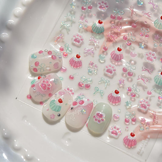 5D Embossed Cake Nail Sticker for Nails Art Pink Nail Decals Cherry Bow Nail Art Stickers Cute Nails Decal Self Adhesive Manicure Supplies Decoration for Women Girls Kid
