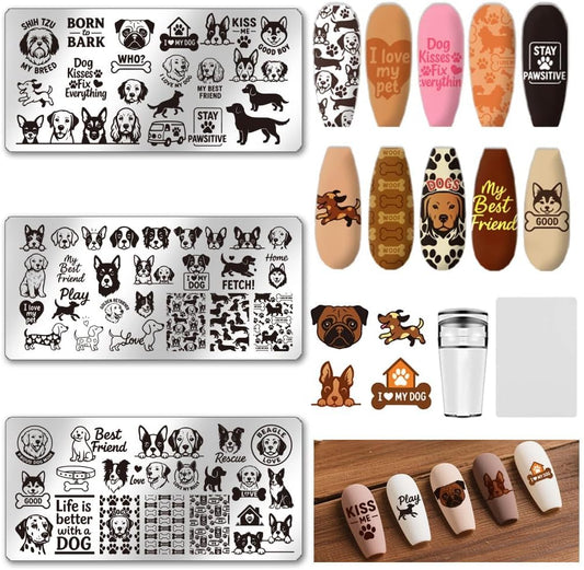 UNICRAFTALE 3Pcs Cute Dog Nail Stamp Plates Set Pets Animals Nail Stamping Plate Puppy Love Image Nail Stencils Dog Paws Design Nail Art Stamping Template with Nail Scraper for Dog Lover Manicure