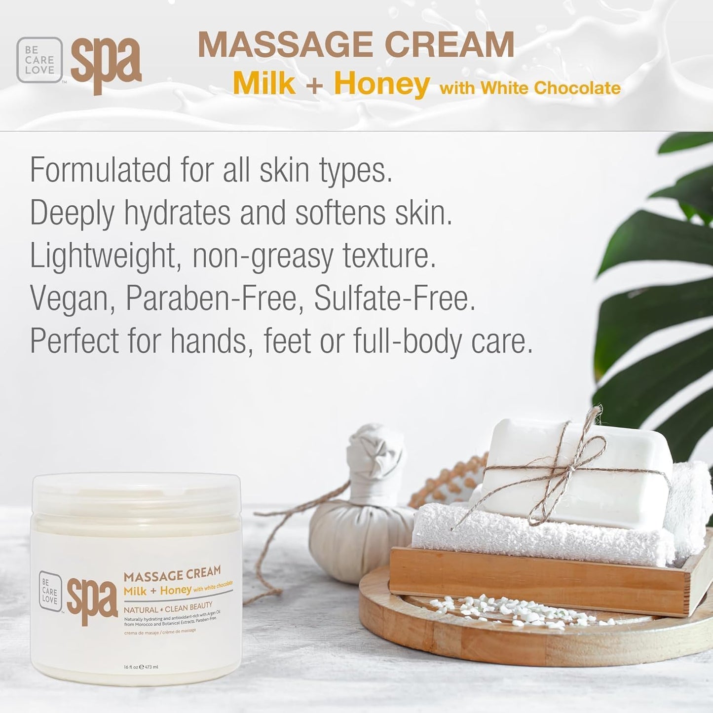 BCL SPA Massage Cream Organic Milk & Honey with White Chocolate Body Lotion, Shea Butter, Aloe Vera, Arnica, Peppermint, Kelp, Tea Tree, Olive, Argan, and Jojoba Oils, Home/Professional Use, 16 fl oz