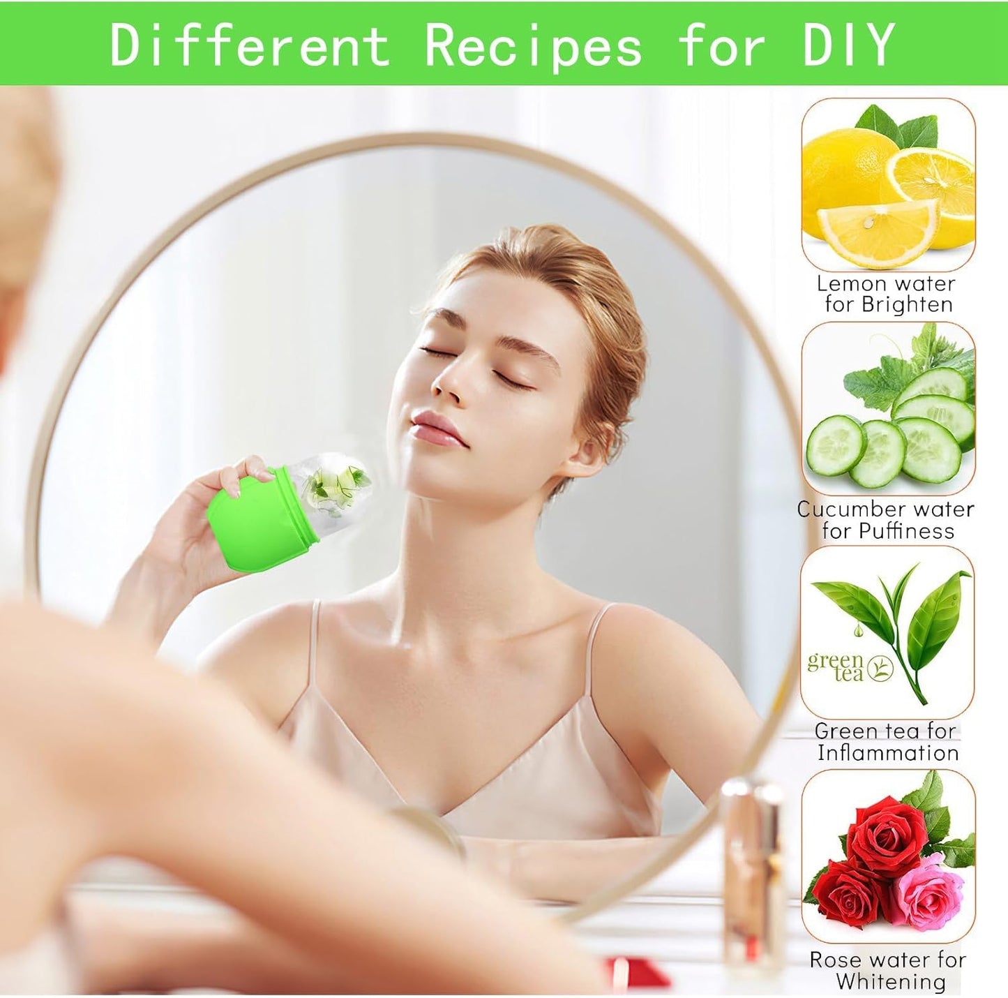 KOGITI Face Ice Roller & Mold - Beauty Facial Massage Tool for Puffiness Relief, Ice Cube Holder (New-Green)