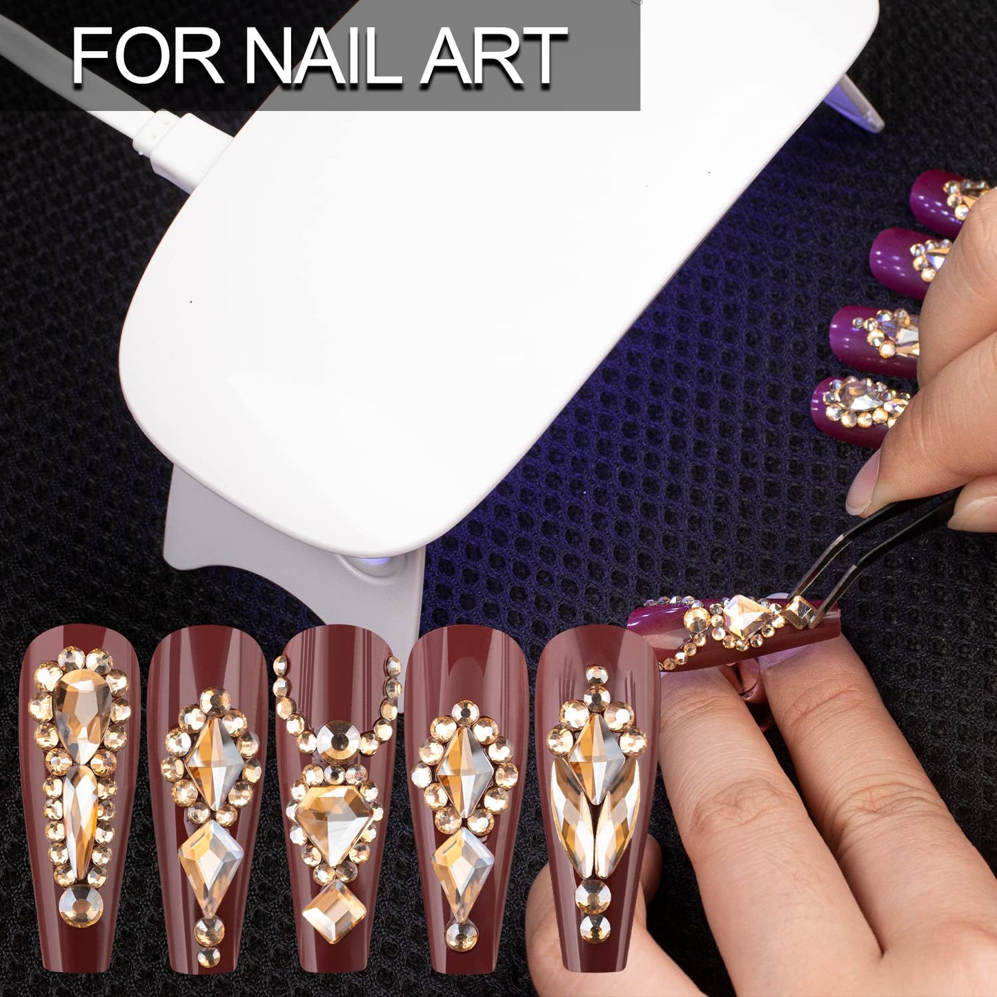 18 Styles Multi-Shaped Glass Gemstones for Nails and 6 Sizes Round Crystal Rhinestones Kit #5, Champagne Nail Art Charm Bead Manicure Decoration with Pickup Pencil and Tweezer