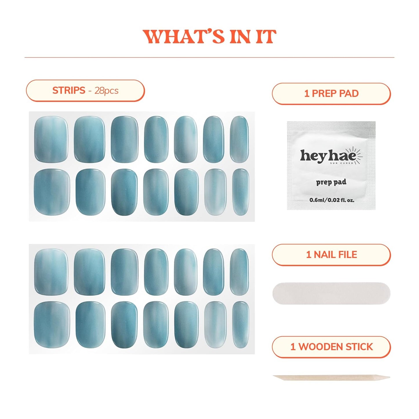 Semi Cured Gel Nail Strips | No LED Lamp Needed | Solid, Blue | Easy Apply & Remove, Salon Quality | Includes 28 Strips, 1 Prep Pads, Nail File & Wooden stick - Hey, Slay Bestie