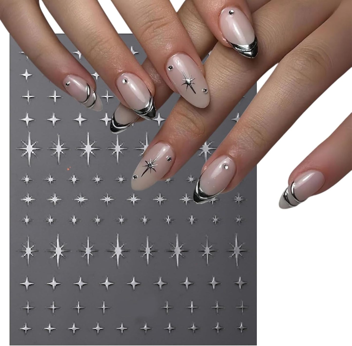 6 Sheets Star Nail Stickers with Rhinestones White Five-Pointed Star Gold Silver Black Starburst Design for Women Girls Nail Art Decoration