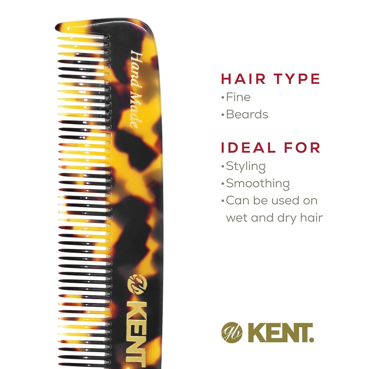 Kent F3TY Fine Tooth Comb - Hair Parting and Straightening Comb for Men's & Women's Dandruff Remover, Saw Cut and Hand Polished Made in England