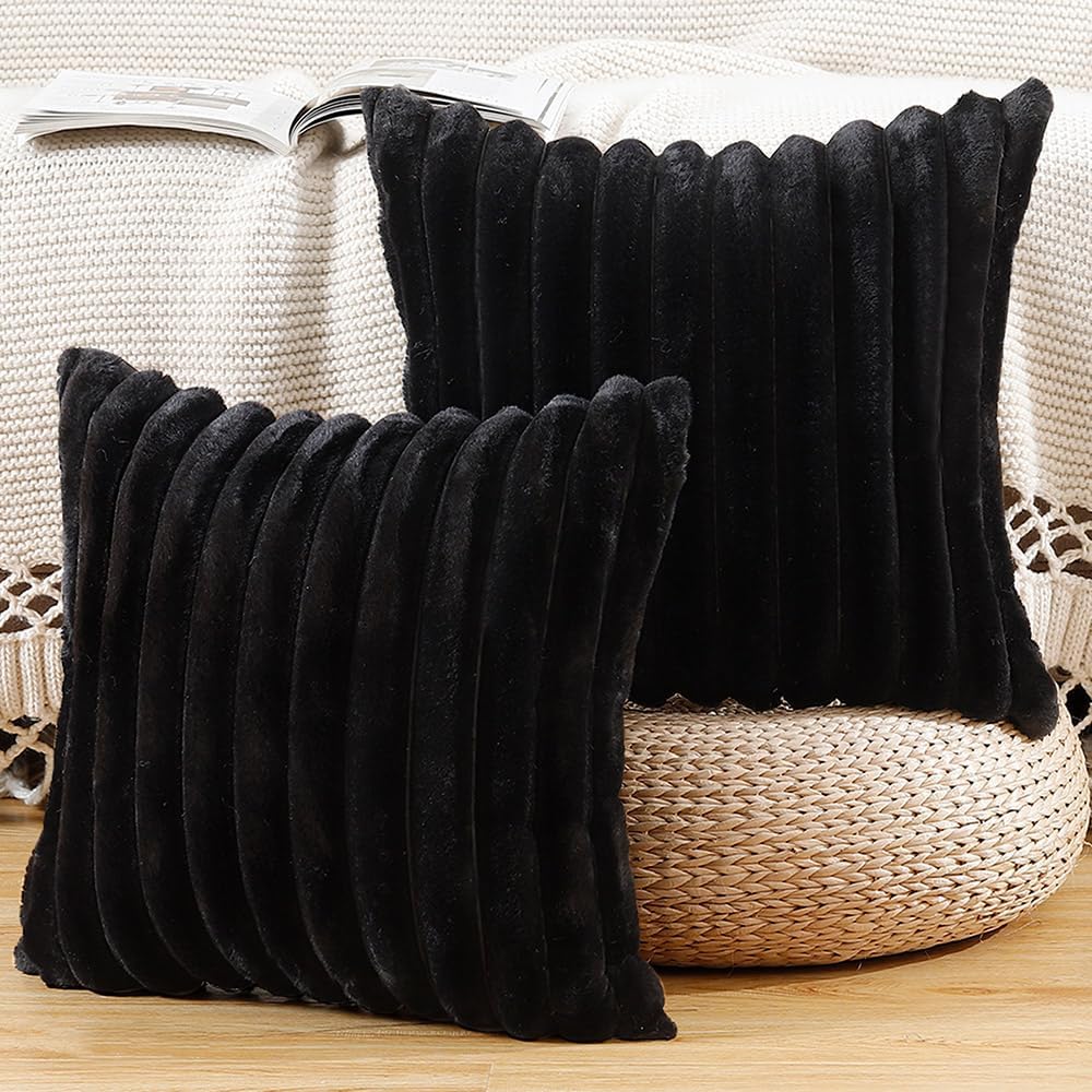 MADIZZ Set of 2 Faux Wool Plush Decorative Throw Pillow Covers 18x18 Inch Black Fluffy Striped Soft Decorative Cushion Cover for Sofa Bedroom Pillow Shell