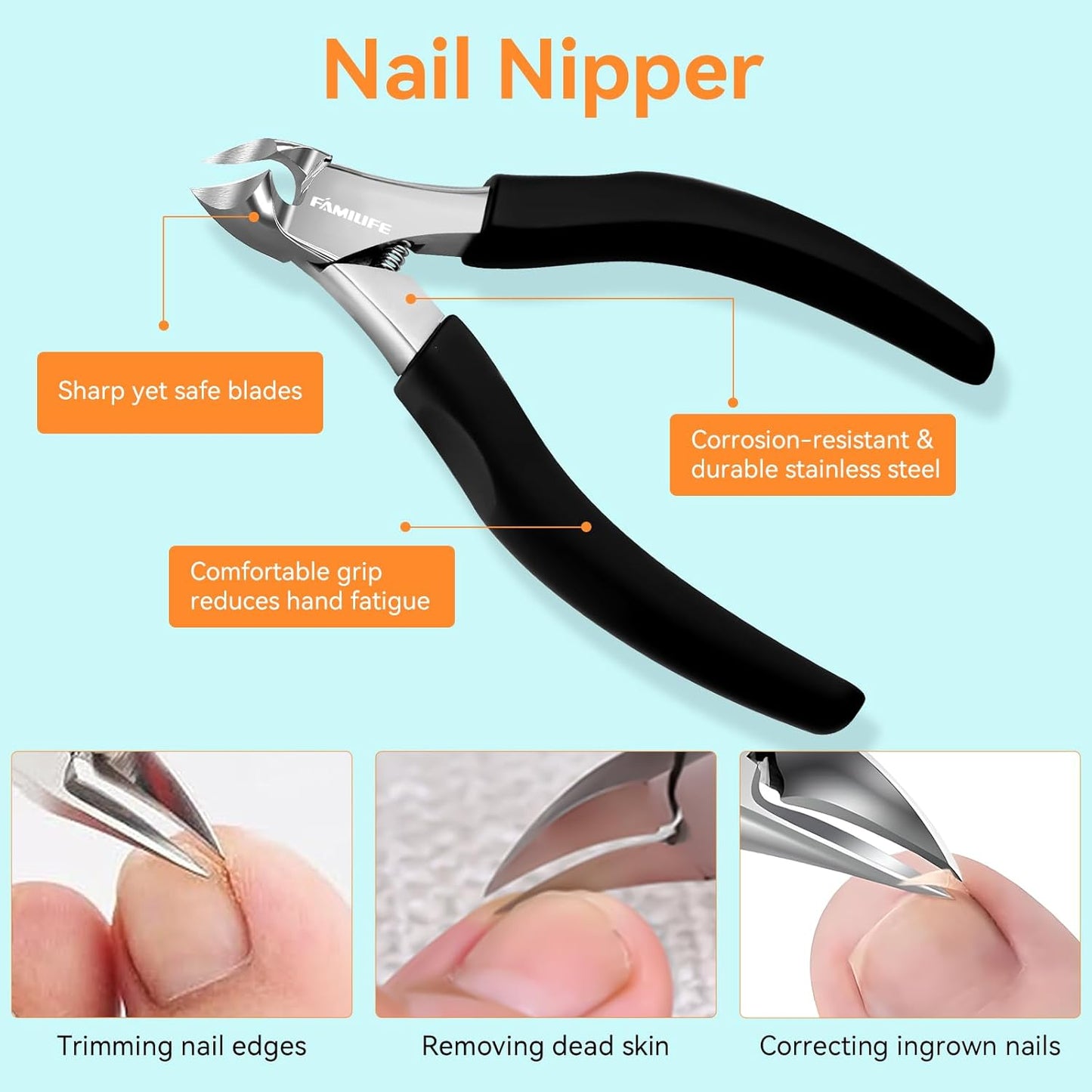 Pedicure Tool Kit and Ingrown Toenail Removal Kit, 3-Piece Set with Nail Nipper, Metal Nail File, and Fingernail Lifter for Thick, Ingrown Fingernail Removal