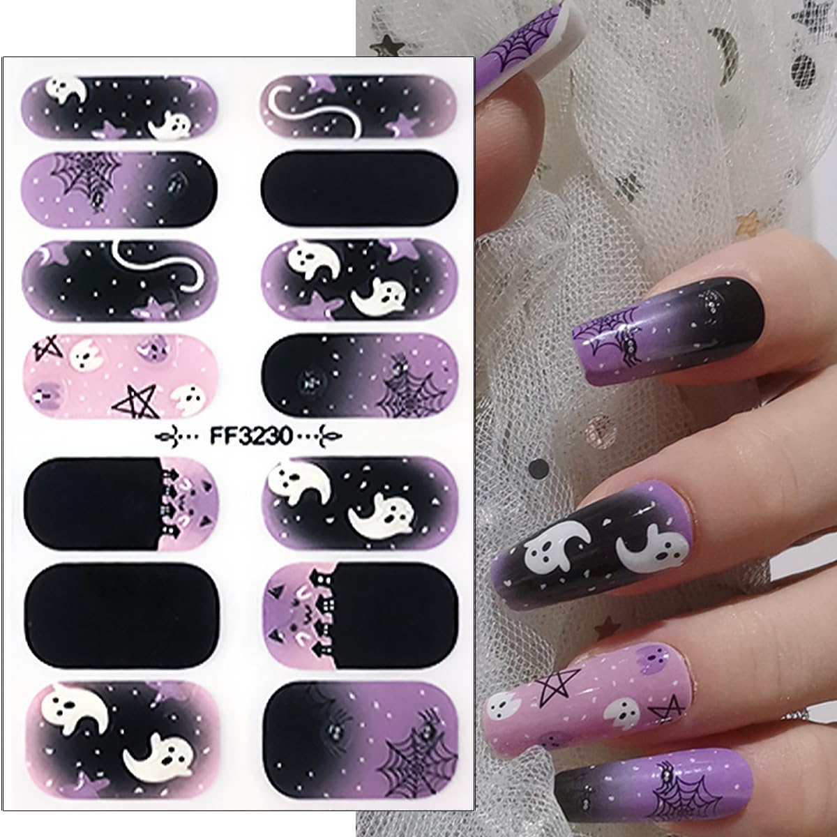 Halloween Gel Nail Stickers for Nail Art 3D Halloween Ghost Nail Art Stickers Cute Full Nail Wraps Stickers Halloween Nail Polish Stickers Spider Bat Moon Star Gel Nail Strips Decals for Women Girls