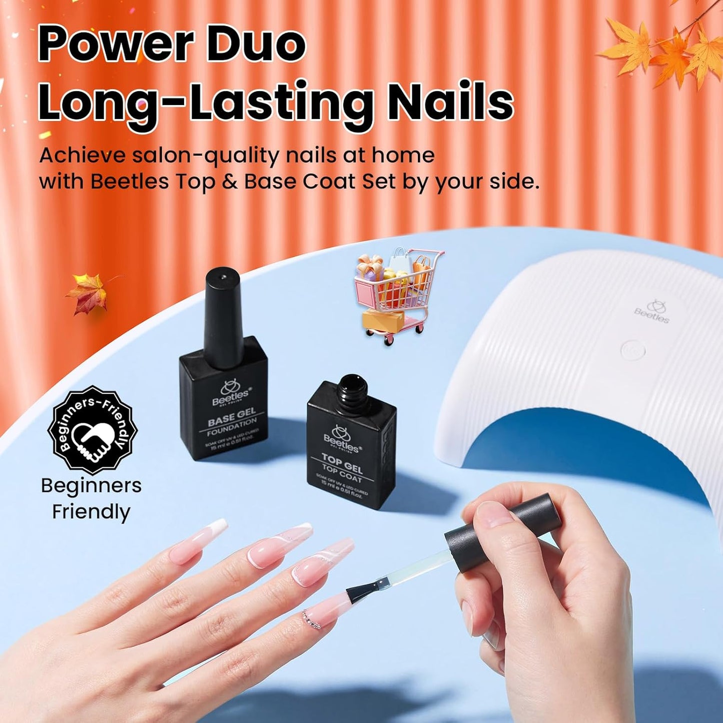 Beetles No Wipe Gel Top Coat and Base Coat Set for Gel Polish - 2Pcs 15ml Super Shiny and Long Lasting Soak Off UV/LED Lamp Needed, Halloween Fall Nail Art Design Gift