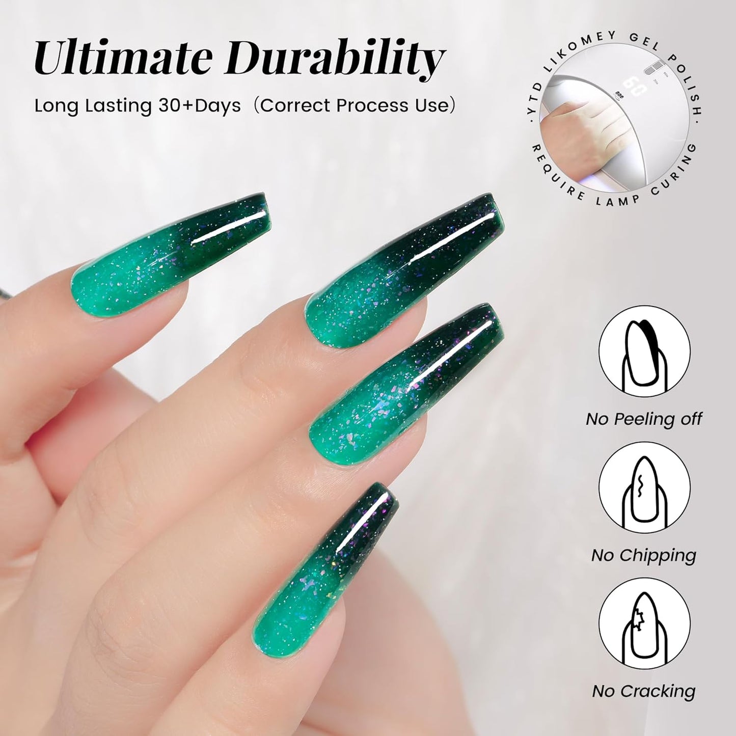 YTD Likomey Brocade Glitter Color Changing Gel Nail Polish,15ml Bright Green To Dark Green Shimmer Mood Temperature Change Colors,Fall Winter Ombre Thermal UV Nail Gel,WB349