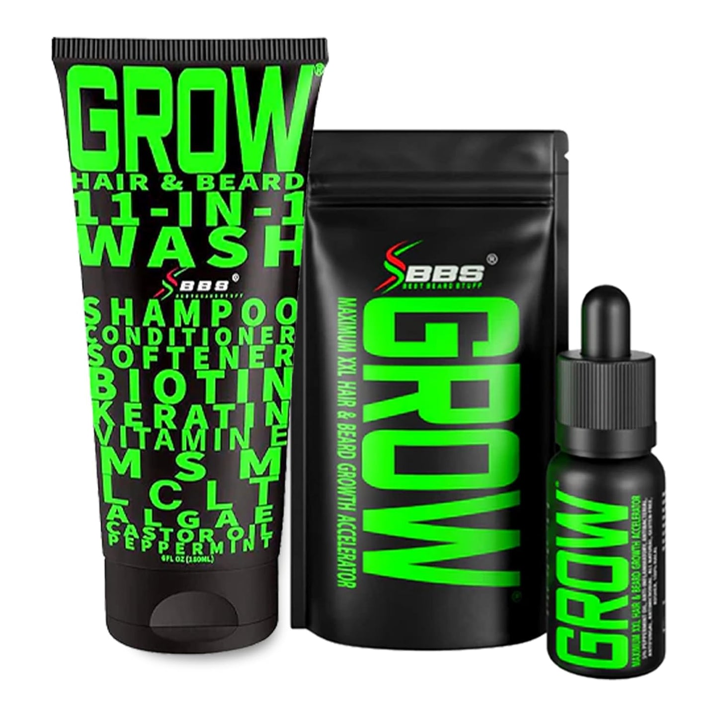 Beard Growth Kit w/GROW XXL Beard Serum for Maximum Facial Hair & Conditioner + GROW 11-in-1 Mens Shampoo & Conditioner (Hair Growth Shampoo for Men w/Biotin) - Formulated in America