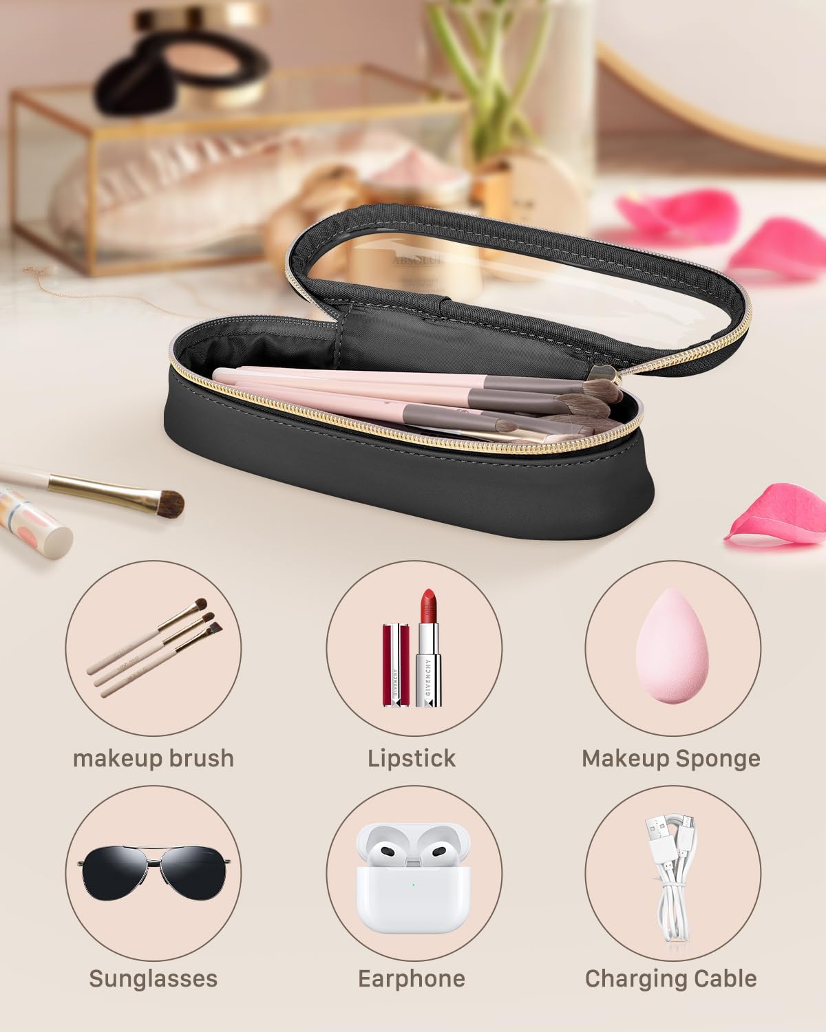 Clear Travel Makeup Brush Holder, Leather Makeup Brush Toiletry Bag, Portable Cosmetic Brush Case, Transparent Waterproof Makeup Brush Storage Bag, Black