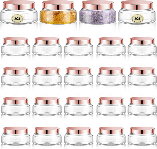 Tessco 24 Pack Plastic Jars with Lids Labels Empty Clear Plastic Jars Round Refillable Cosmetic Containers Body Butter Containers Bulk Sugar Scrub Bottle for Make Up(5 oz,Clear, Rose Gold)