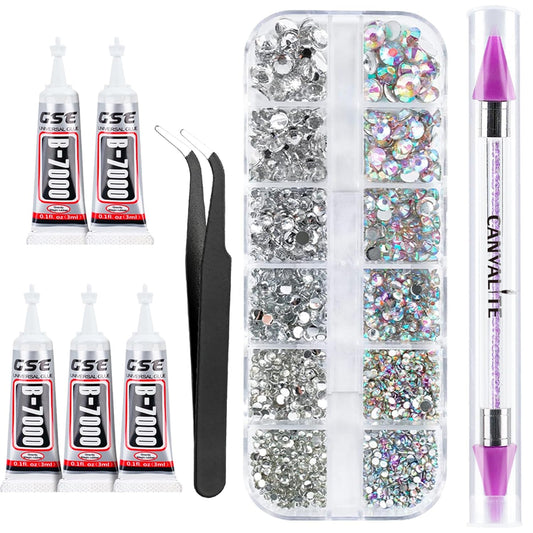 Canvalite 2784PCS Rhinestones Crystal AB Rhinestones for Nail with 5Pcs 3ml B7000 Jewelry Glue and Pick Up Tweezers and Nail Rhinestone Picker, Nail Art Tools,Stocking Stuffers Gifts for Women