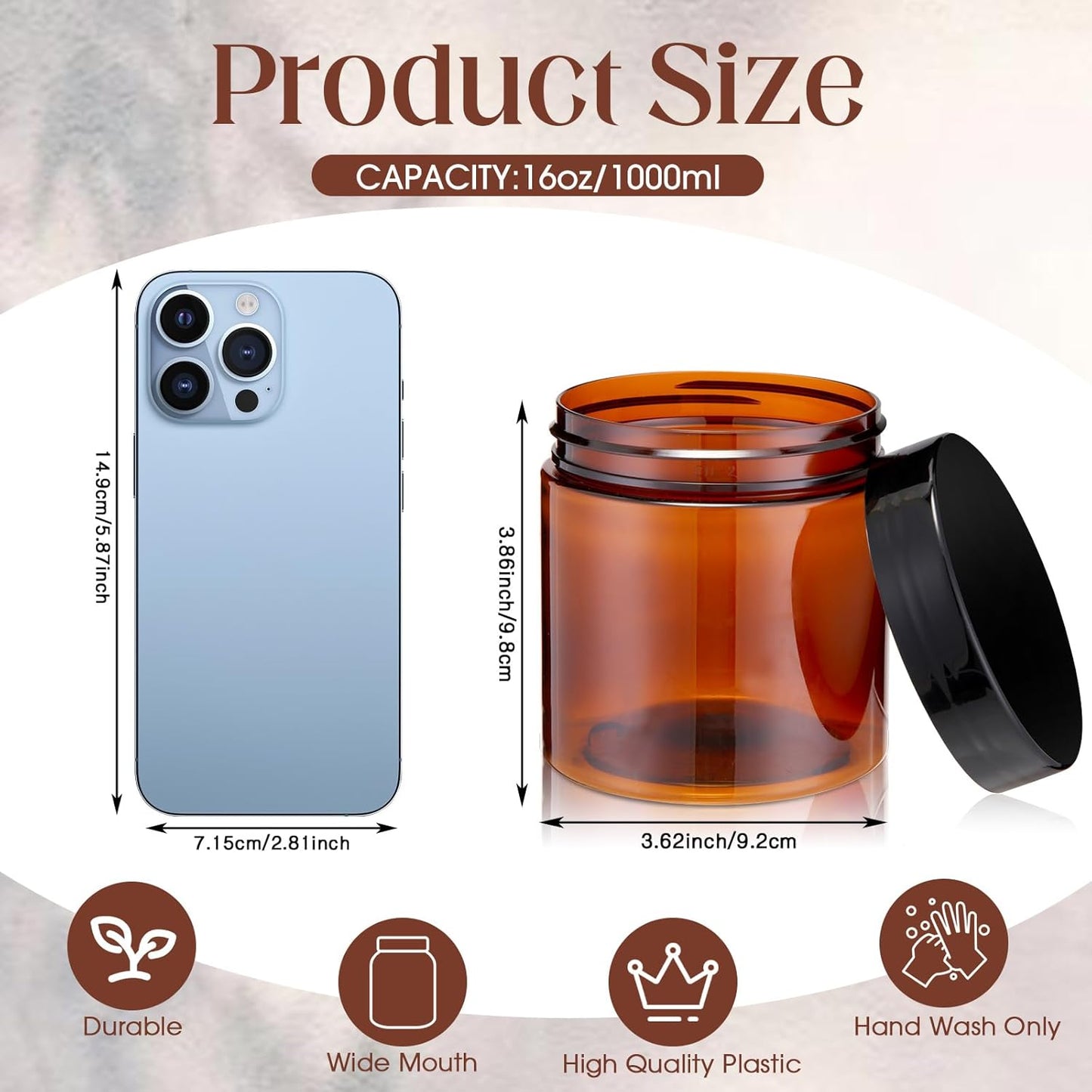 Patelai 4 Pieces Round Wide-mouth Leak Proof Plastic Container Jars with Lids for Travel Storage Makeup Beauty Products Face Creams Oils Salves Ointments DIY Making(16 Ounce,Amber)