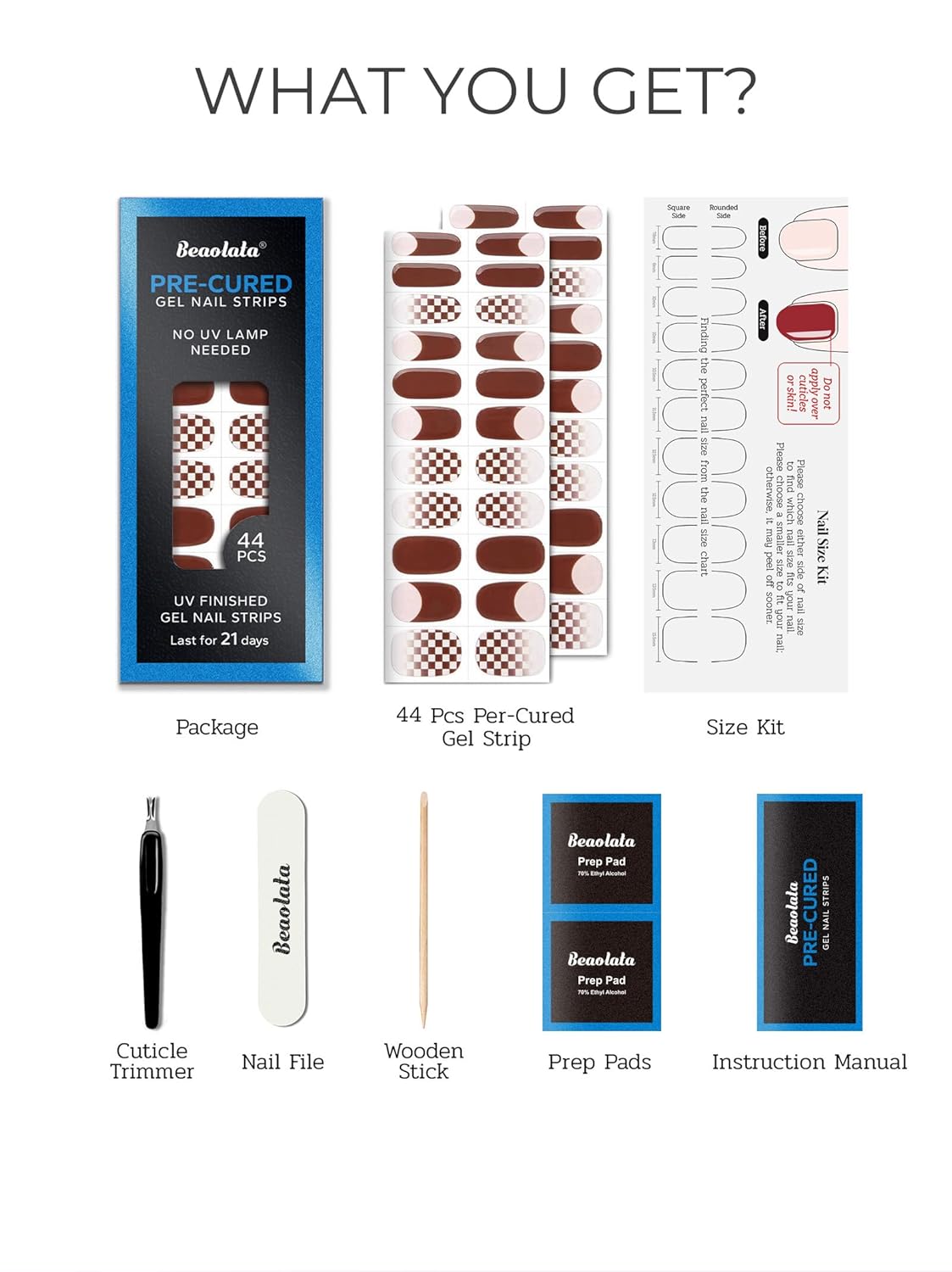 Pre Cured Gel Nail Strips - 44PCS Salon Quality Gel Nail Stickers - Long Lasting Polish Wraps for Women no UV Light Needed Easy Apply& Remove (Chestnut Brown）