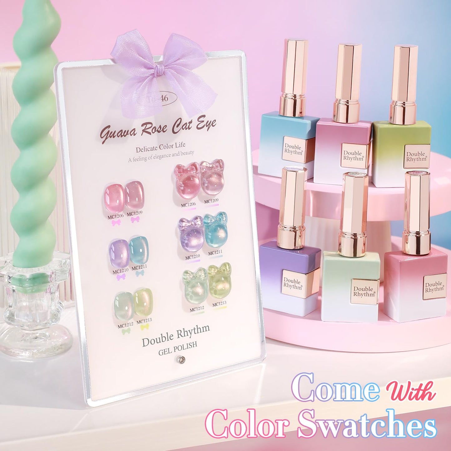 Double Rhythm Cat Eye Gel Nail Polish Set of 6 Same Color Same Bottle 0.5 Oz Shimmer Glitter with Magnet Holographic Reflective Magnetic UV Nail Polish Kit at Home (Rose Green Pink Purple-T6-46)