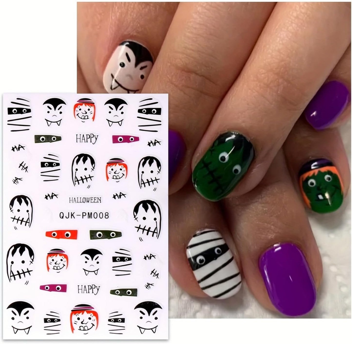 Halloween Nail Art Stickers 8 Sheets Cute Ghost Pumpkin 3D Self-Adhesive Nail Decals Q-Version Horror Movie Characters Skull Spider Web Nail Decorations Fall DIY Nail Supplies for Women Girls&Kids