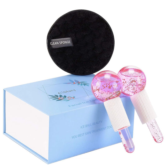 Facial Ice beauty ball- 2PC Globes Pink Facial Roller for Cold or Hot Skin Massagers Globe Durable Quartz Glass for Face and Eye Rollers Reduce Puffiness