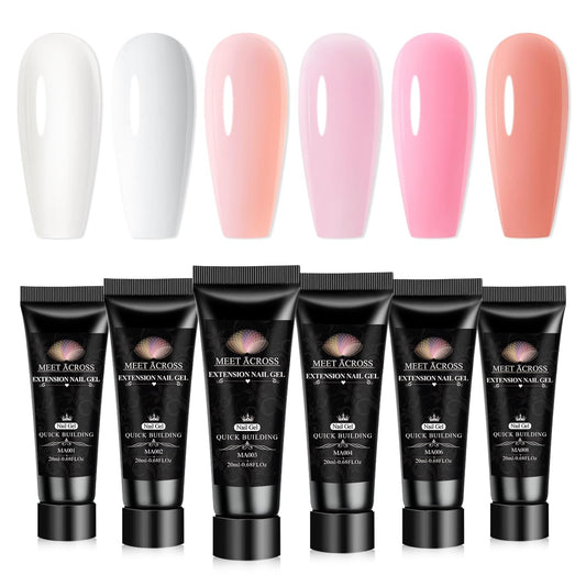 MEET ACROSS Poly Nail Gel Set - 6 Neutral Colors for Extension Nails, Long Lasting, Natural-looking, Strong Builder Enhancement for Salon Manicure DIY at Home 20ML Clear White Nude Pink