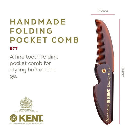 Kent 87T Handmade Folding Pocket Comb for Men, Fine Tooth Hair Comb Straightener for Everyday Grooming Styling Hair, Beard or Mustache, Use Dry or with Balms, Saw Cut Hand Polished, Made in England