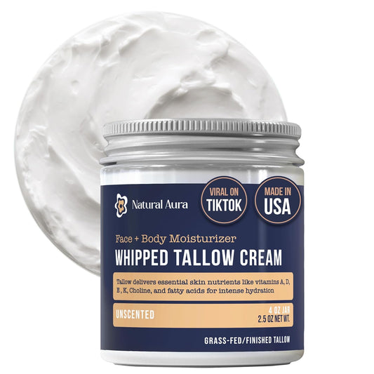 Whipped Beef Tallow for Skin - Face + Body Moisturizer, 100% Grass Fed Grass Finished Tallow and Honey Balm for Sensitive Skin - Natural Lotion - Free of Harsh Chemicals - 4oz, (Unscented)