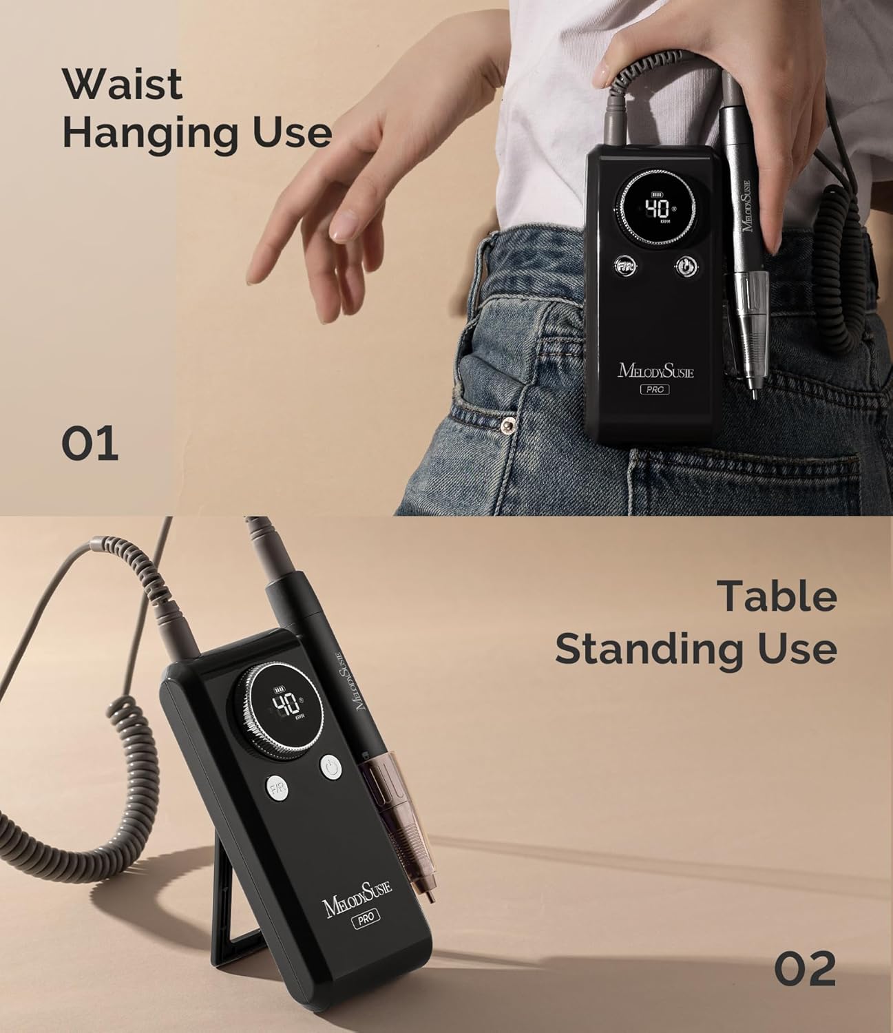 MelodySusie Professional 2 in 1 Nail Drill Kit 40,000 RPM, MB420G Brushless Portable Cordless Rechargeable Electric Nail File, Efile Nail Drill Machine for Acrylic Gel Nails Polishing Removing, Black