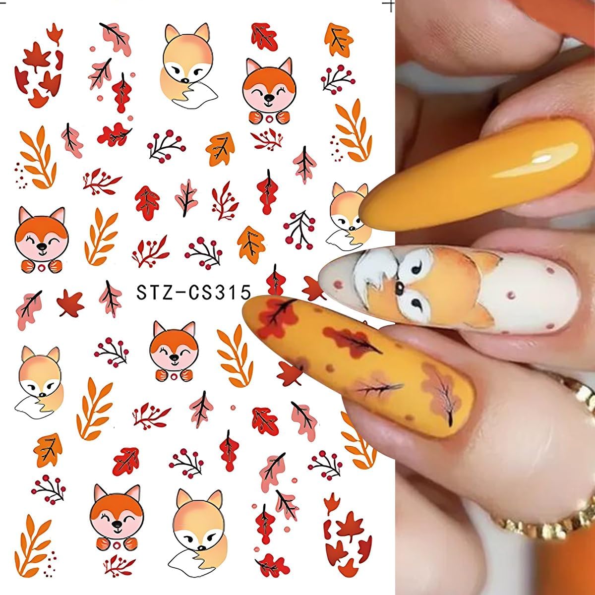 Fall Nail Art Stickers, Cute Fox Nail Art Decals 3D Self-Adhesive Maple Leaves Pumpkin Bow Nails Stickers Fall Blossom Flowers Nail Design 8Pcs Nail Art Supplies for Women Nail Decoration