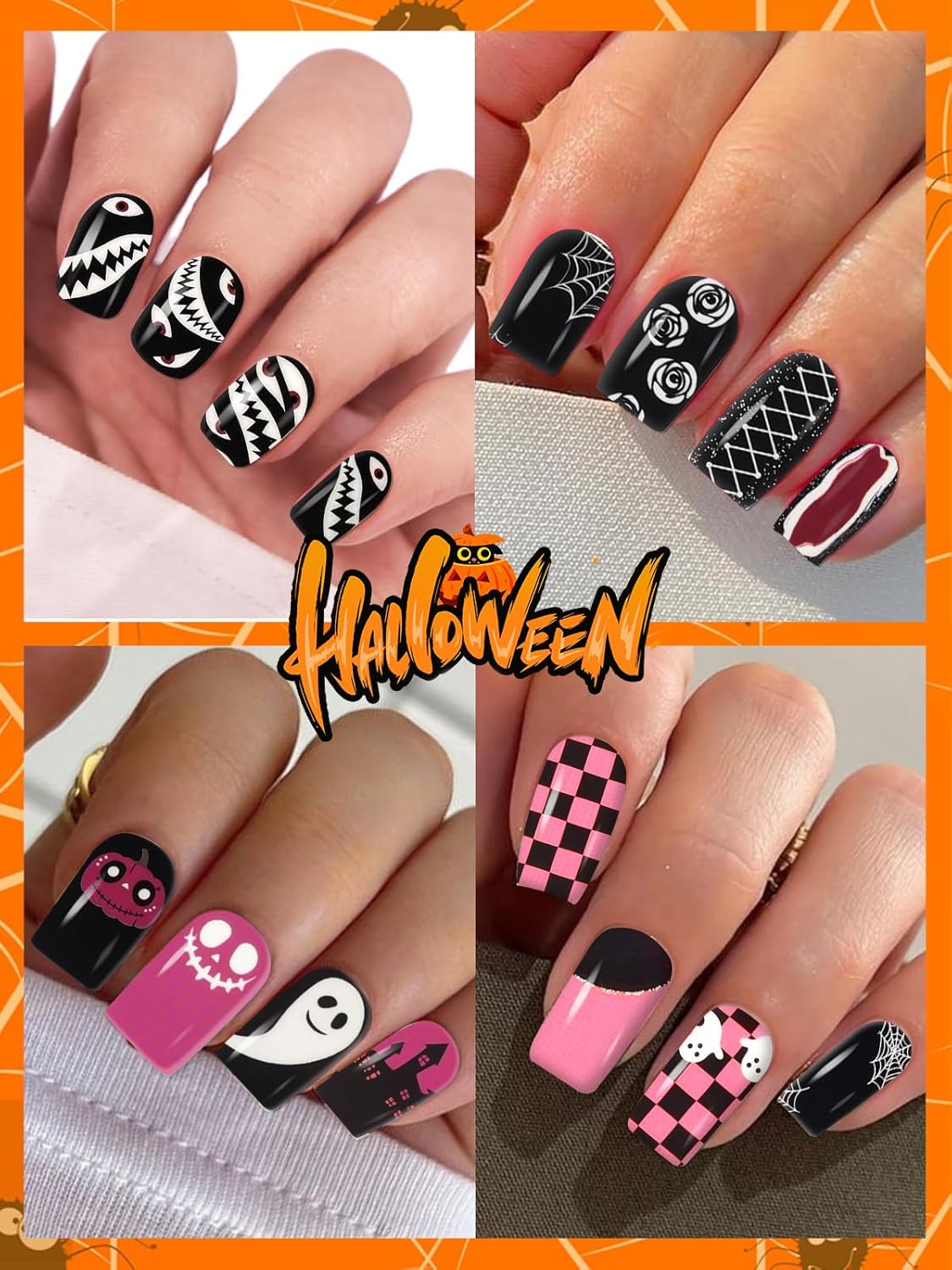 EBANKU 14 Pcs Halloween Full Wrap Adhesive Nail Polish Stickers, Cute Ghost Bats Spider Webs Skeleton Nail Strips Wraps with Nail File for Halloween Party Decor