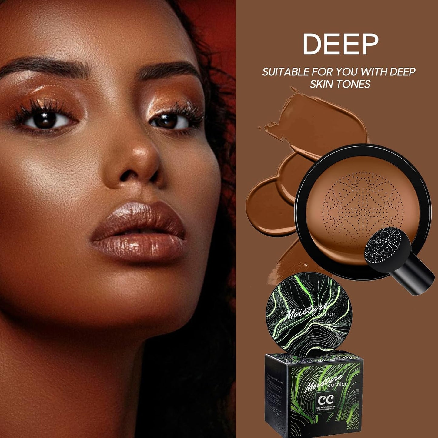 Mushroom Head Air Cushion CC Cream - BB Cream Foundation Makeup Moisturizing Concealer Long-Lasting, Cushion Foundation Full Coverage Self Adjusting for Mature Skin & All Skin Types (Deep)