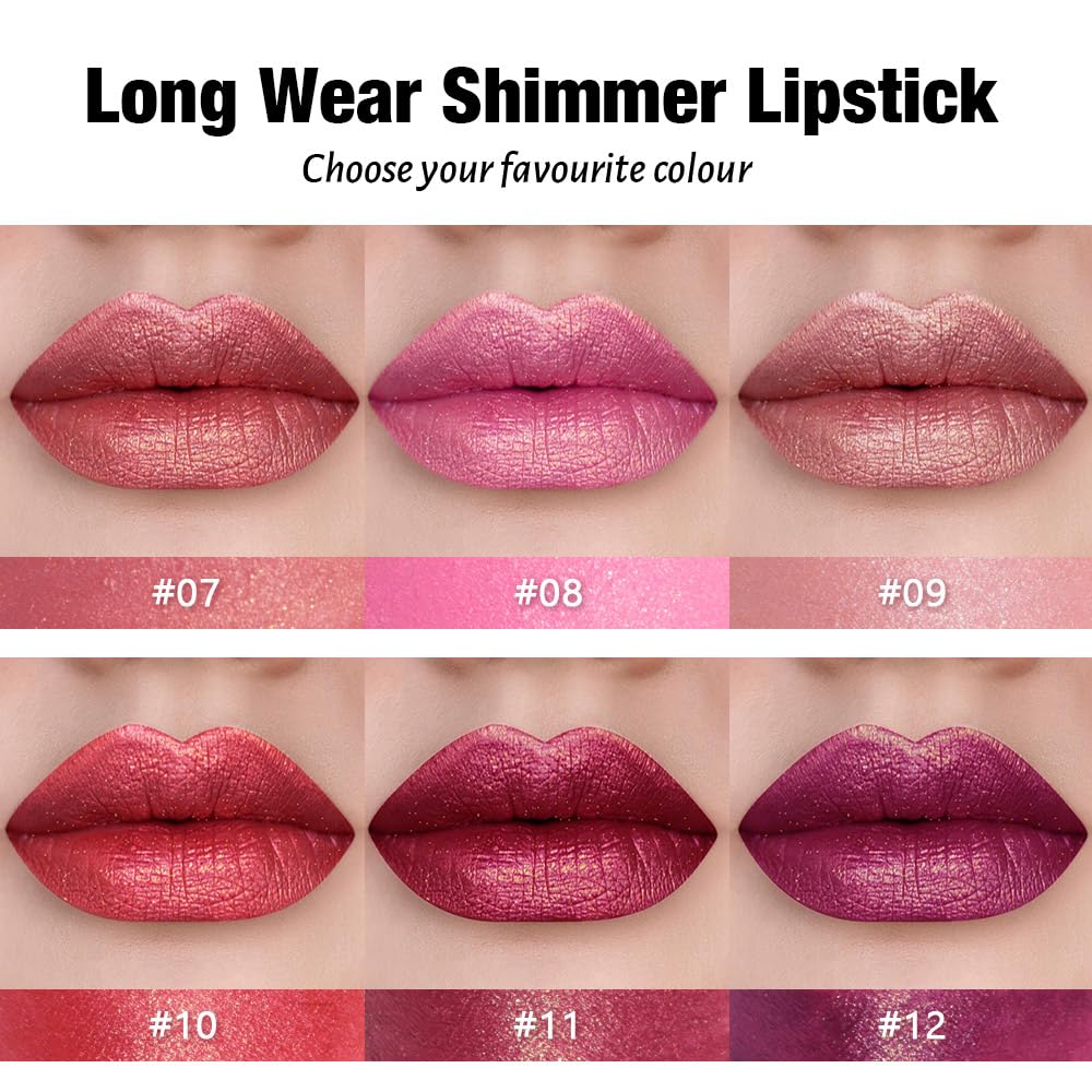 3Pcs Metallic Lipstick for Women,Lightweight Shimmer Frosted Lipstick,Glitter Lip Gloss Stain Long Lasting Waterproof Smudge Proof 24 Hour Full Coverage Lip Makeup,Vegan（10,11,12)