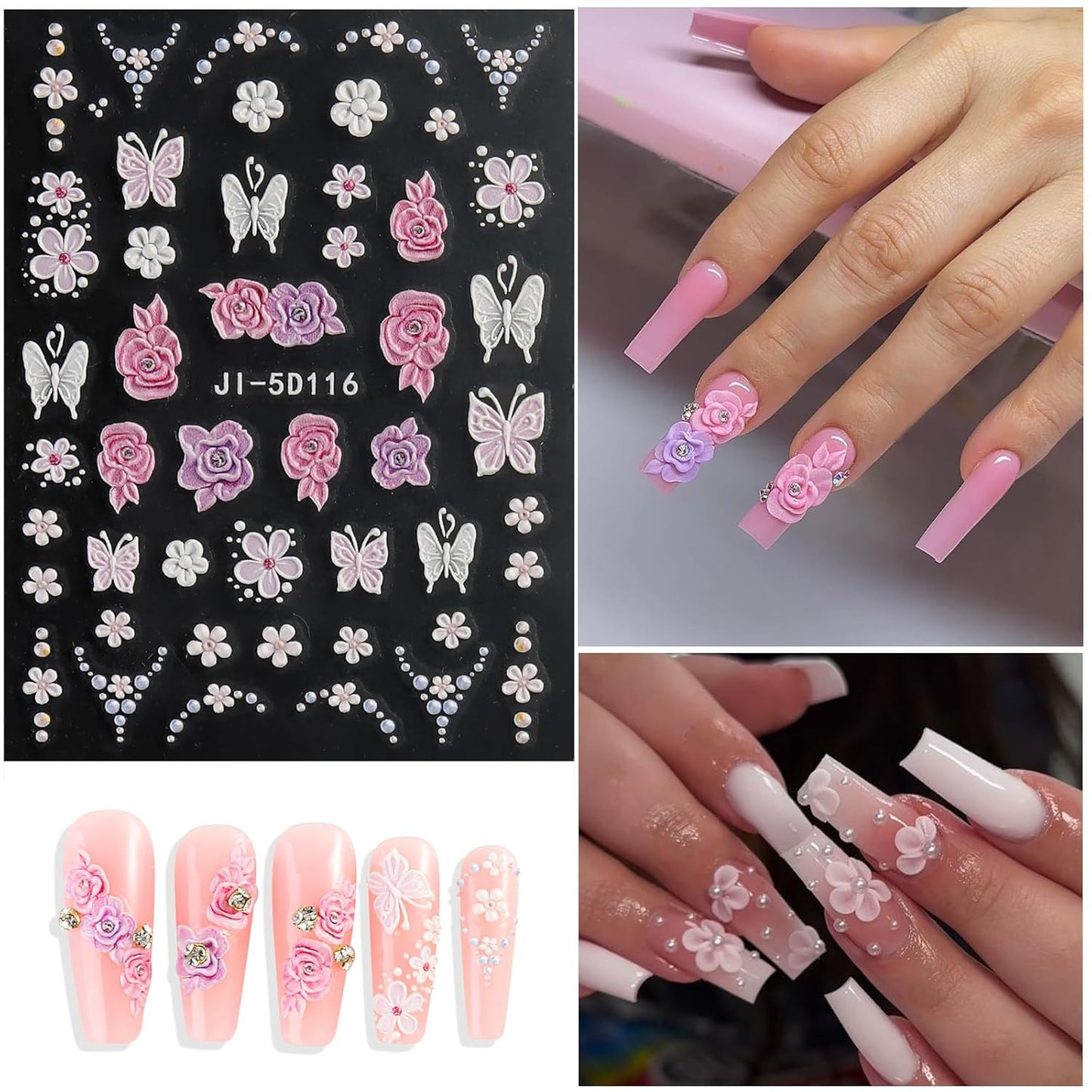 5 Sheets 5D Flower Nail Art Stickers Embossed Nail Decals Spring Summer Nails Art Design 3D Self-Adhesive Nails Supplies White Yellow Blue Colorful Flower Stickers for Women Nail Decoration