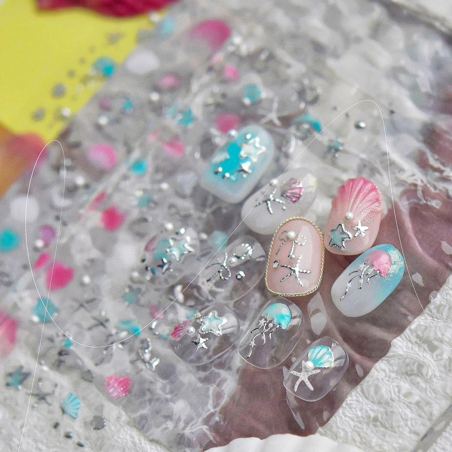 2Pcs Summer Nail Stickers for Nails Art,Self-Adhesive Star Shell Nail Art Stickers Seashell Nail Decals Starfish Jellyfish Pearl Nail Designs 5D Embossed Ocean Life Nails Supplies for Women Manicure