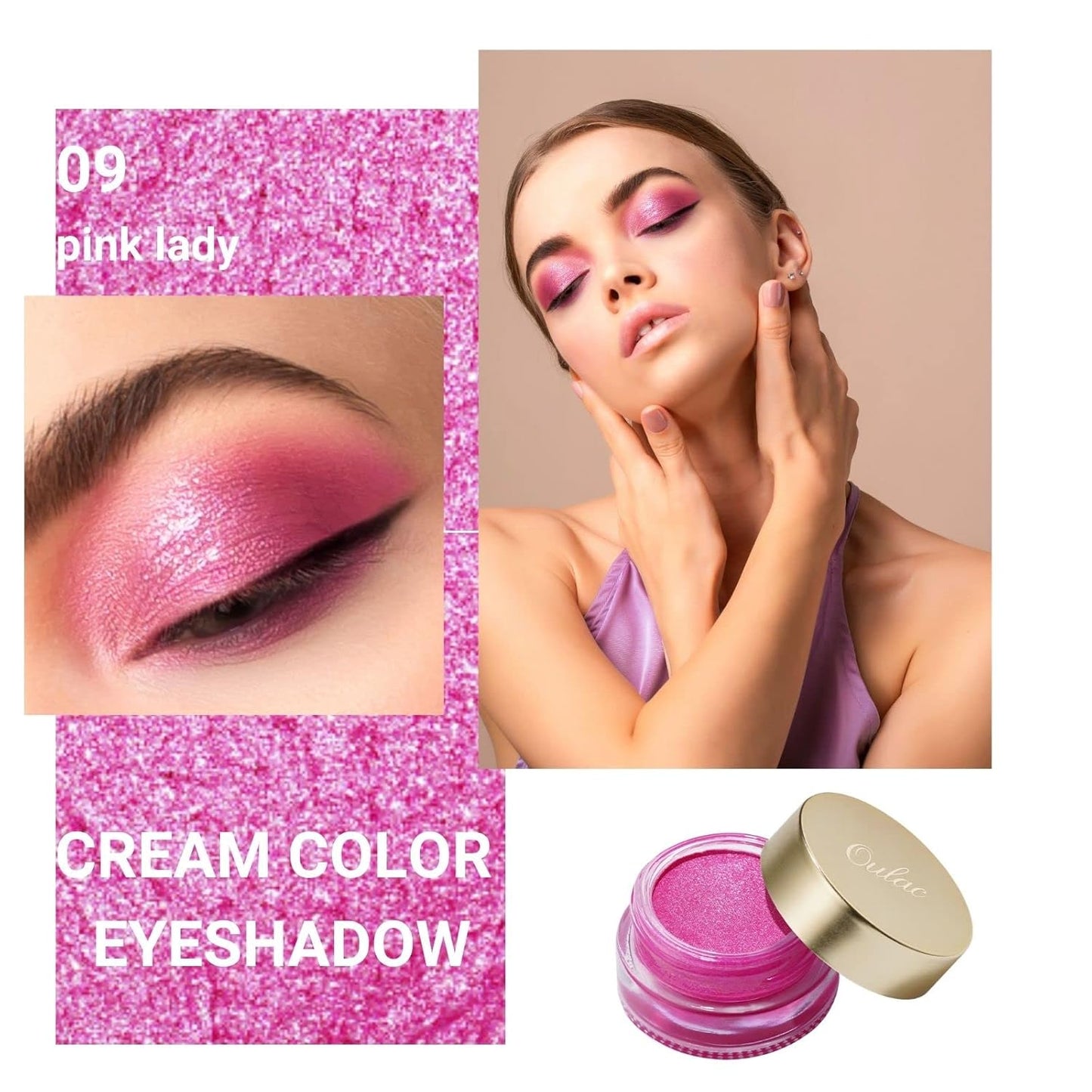 Oulac Hot Pink Cream Eyeshadow also for Highlighter Highly Pigmented Eye Shadow Waterproof&Long Lasting with Moisturizing Formula Blendable Shimmer Eye Make-up,Vegan & Cruelty-Free, 6g, 09