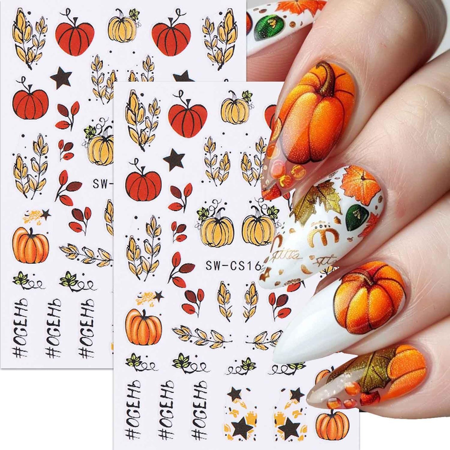8 Sheets Fall Nail Art Stickers Autumn Maple Leaf Pumpkin Nail Sticker 3D Self-Adhesive Yellow Maple Leaves Nail Decals Designs Thanksgiving Day Holiday DIY Manicure Decoration Sticker for Women