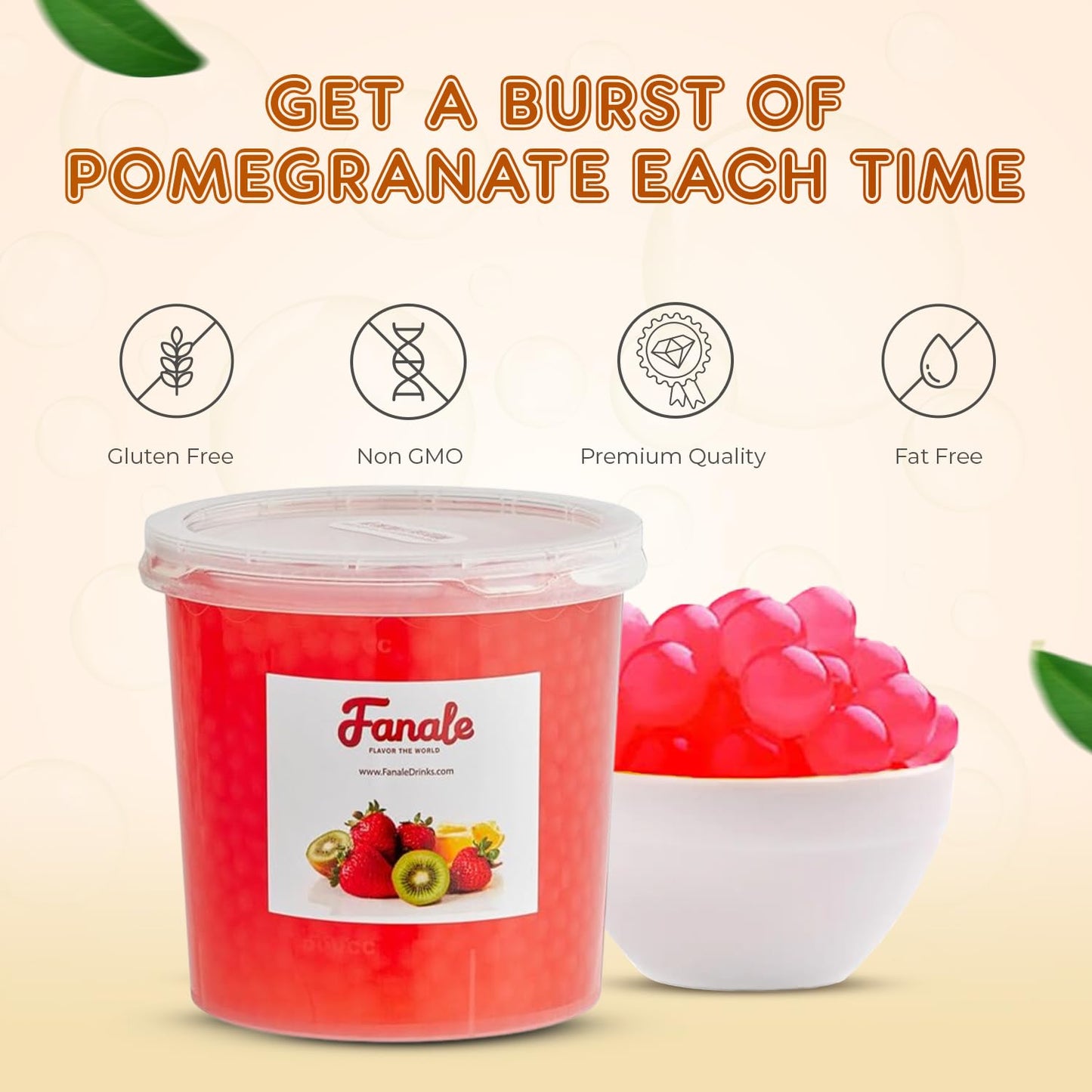 Fanale Pomegranate Popping Boba Pearls, Vegan, Non GMO, Gluten Free, Fat Free, Perfect for Bubble Tea, Smoothies, Ice Cream, Desserts, and Beverages.