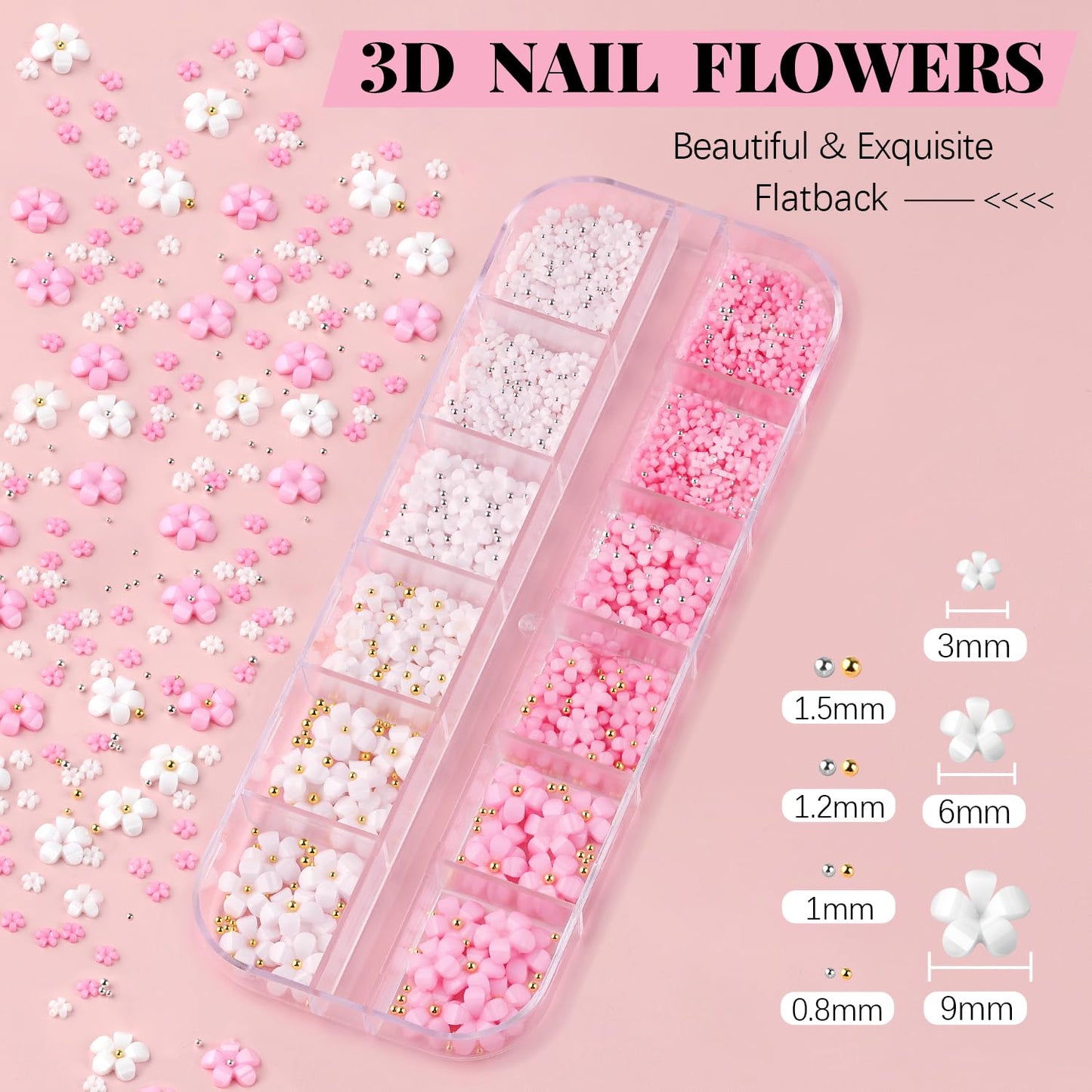 3D Flowers Manicure Gems with Nail Rhinestone Glue Gel, White Pink Acrylic Flower Charms Caviar Beads, Rhinestones for Nails Gem (UV/LED Needed) Dotting Tools