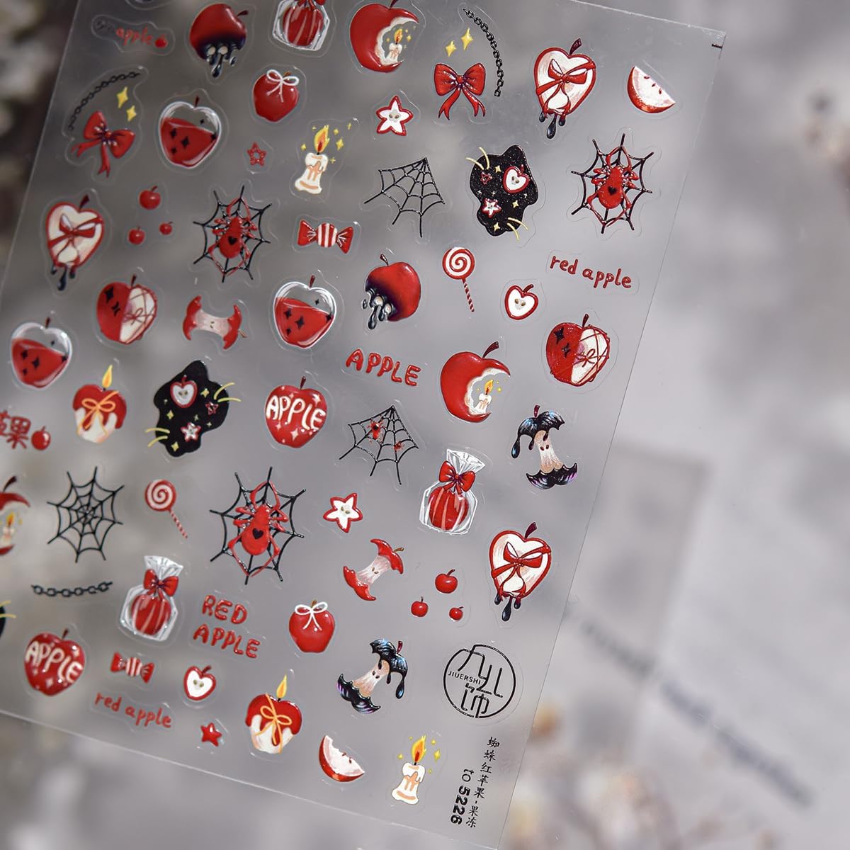 5D Halloween Nail Stickers Red Apple Theme Nail Decals Self-Adhesive Spider Web Gift Candy Browknot Design Thanksgiving Nail for Acrylic Nails DIY Holiday Decoration for Women Kids Party 1 Sheet