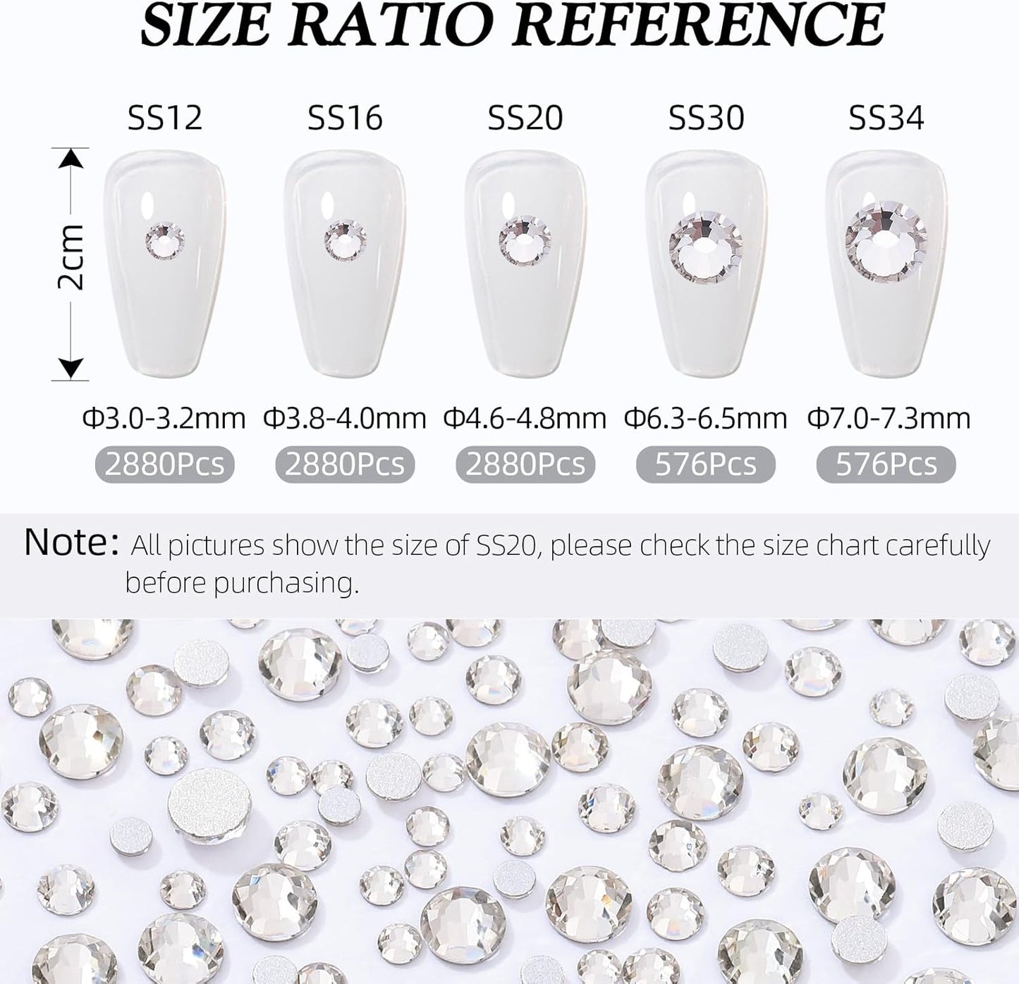 Crystal Clear Flatback Rhinestones, Glass Rhinestones for Nail Art and Craft, Glue Fix, Loose Crystal Gemstones(Crystal, SS12, 2880pcs, 2.9-3.0mm)