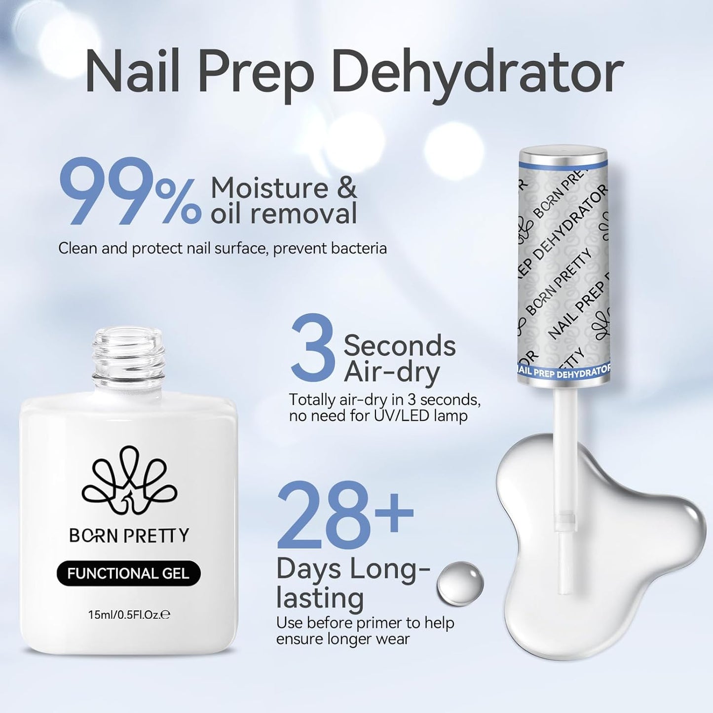 Born Pretty Natural Nail Prep Dehydrate, Acid Free Dehydrator for Acrylic and Gel Polish, Nail Tech Must Haves 15ml