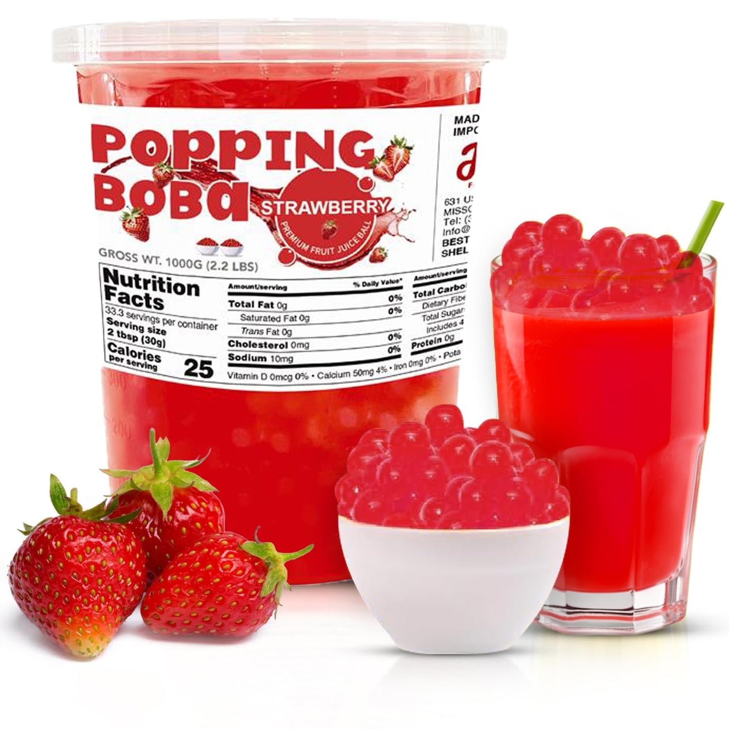 Fanale Strawberry Popping Boba Pearls, Vegan, Non GMO, Gluten Free, Fat Free, Perfect for Bubble Tea, Smoothies, Ice Cream, Desserts, and Beverages.