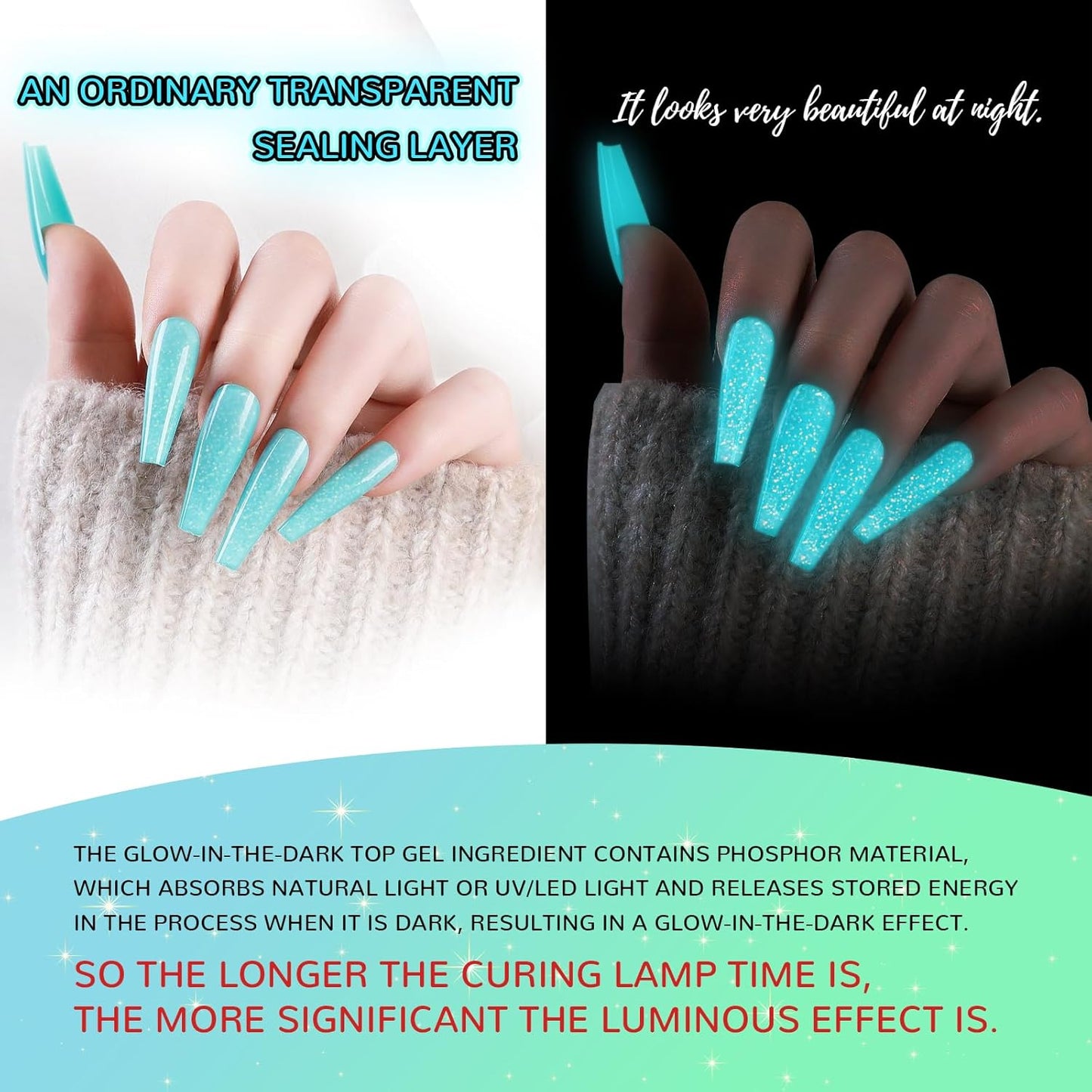 Glow In The Dark Gel Polish - Glitter Luminous Blue Nail Gel Top Coat with Fine glitter decoration No Wipe Long-lasting Transparent Glow UV LED Needed, Perfect for Any Festival Halloween