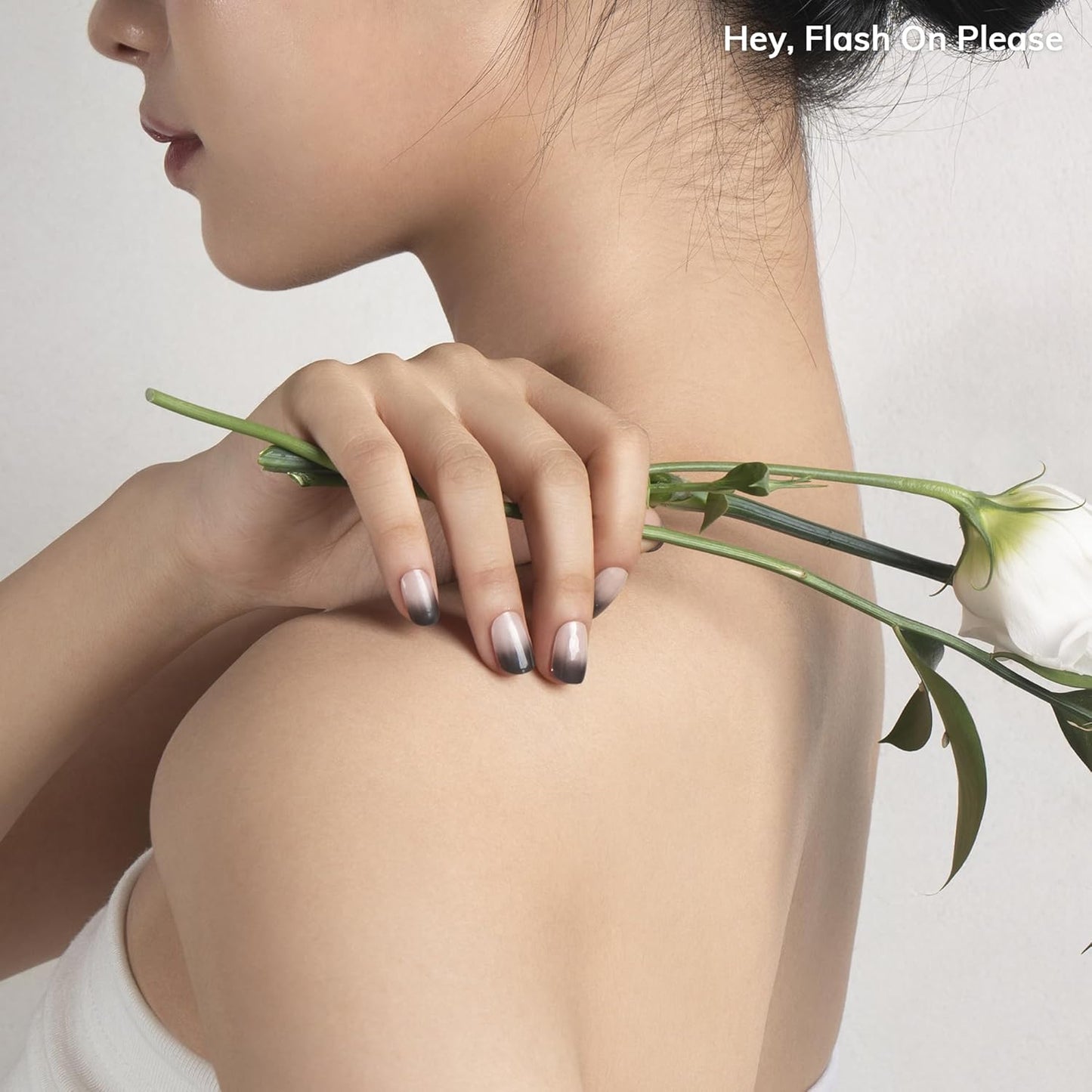 Semi Cured Gel Nail Strips | No LED Lamp Needed | Ombre, Black, Pink | Easy Apply & Remove, Salon Quality | Includes 28 Strips, 1 Prep Pads, Nail File & Wooden stick - Hey, Flash On Please