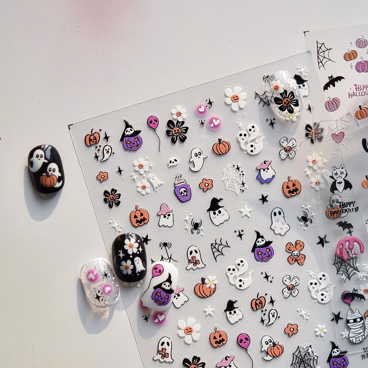 5D Embossed Halloween Nail Stickers Cute Ghost Self-Adhesive Nail Art Pegatinas Uñas with Horror Flowers Pumpkin Designs Nails Decals Halloween DIY Manicure for Women Girls Nails Art Decoration 1Sheet