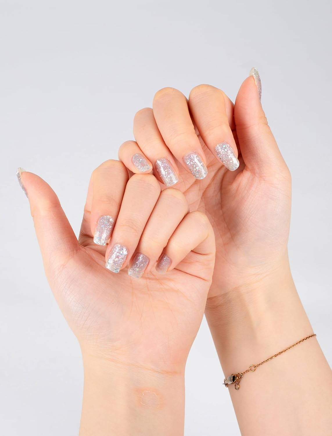 Nail Art Stickers for Women, 48 Pcs No UV Light Needed Semi Cured Gel Nail Strips Wraps Design Stick on Starter Kit (Silvery)(Silvery)