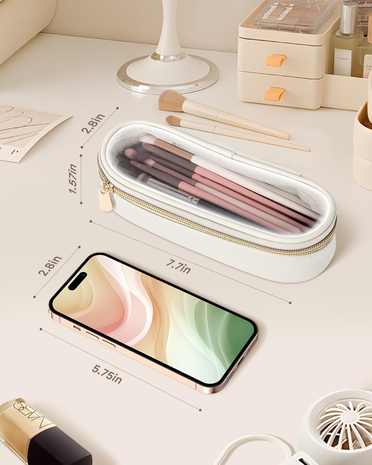 Clear Travel Makeup Brush Holder, Leather Makeup Brush Toiletry Bag, Portable Cosmetic Brush Case, Transparent Waterproof Makeup Brush Storage Bag, White