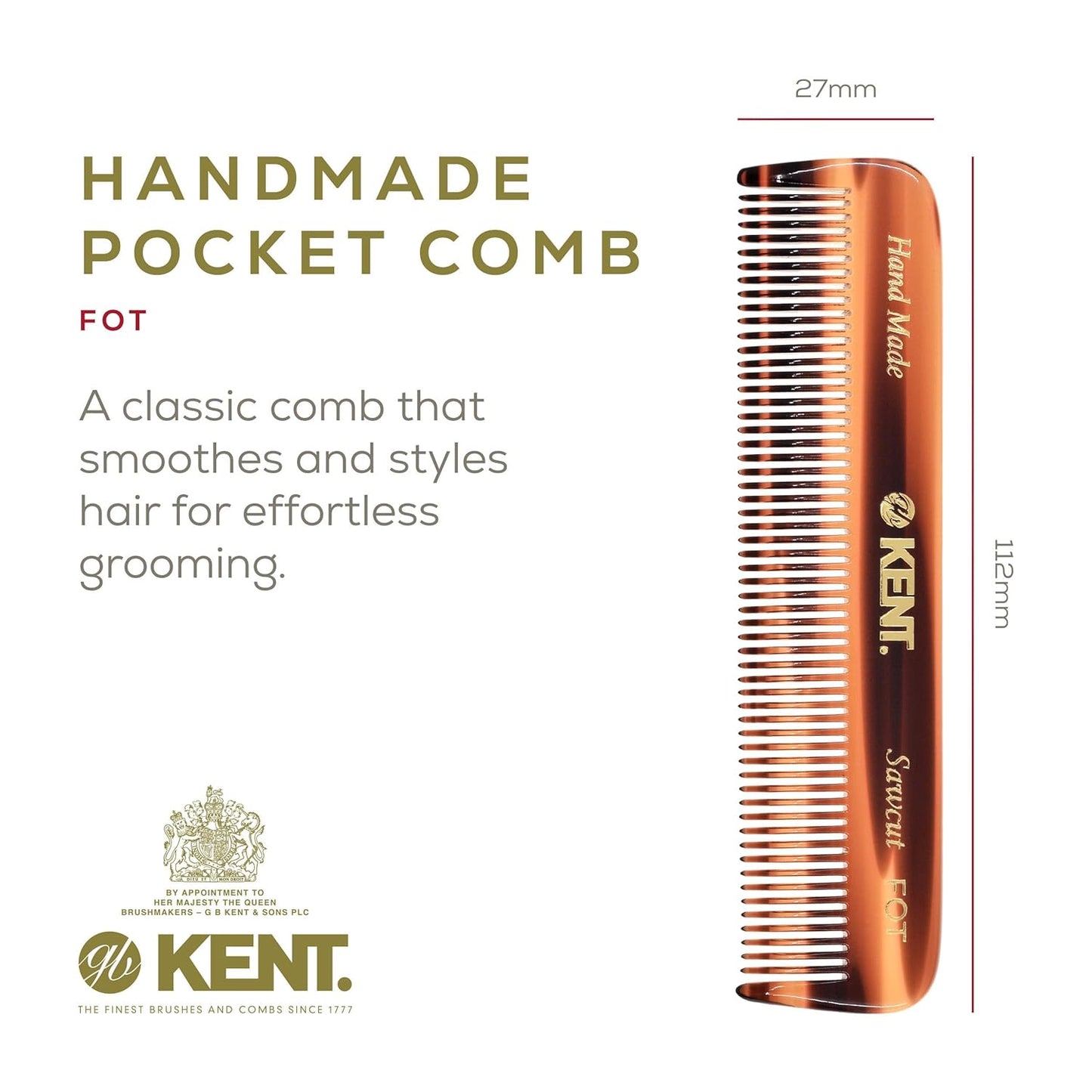 Kent A FOT Tortoise Fine Tooth Handmade Pocket Comb for Men, Women and Kids, Hair Comb Straightener for Everyday Grooming and Styling, Beard and Mustache, Saw Cut and Hand Polished, Made in England