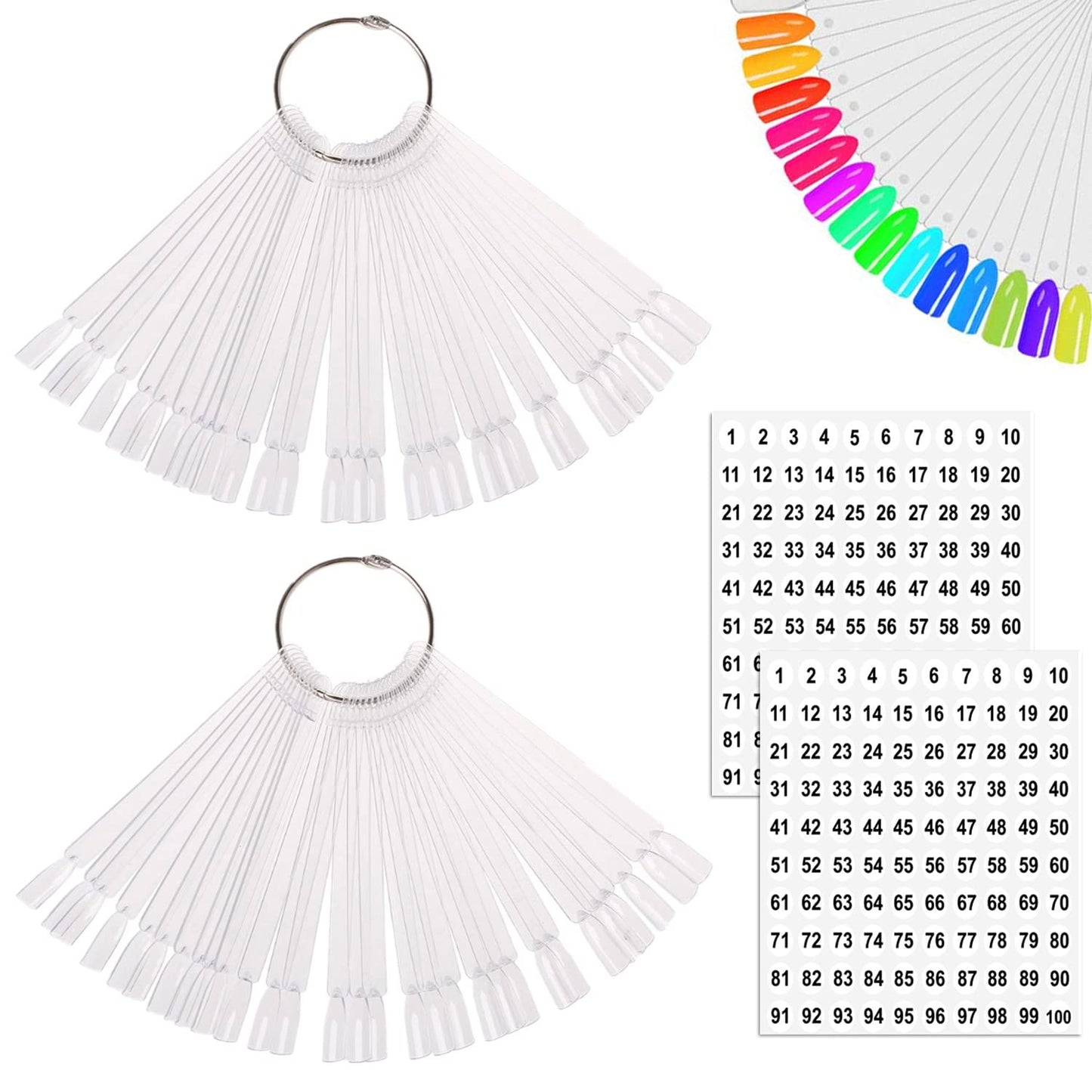 JASSINS 100 Pcs Clear Fan-shaped False Nail Swatch Sticks Nail Polish Practice Display Art Tips Nail Sample Sticks With Metal Split Ring